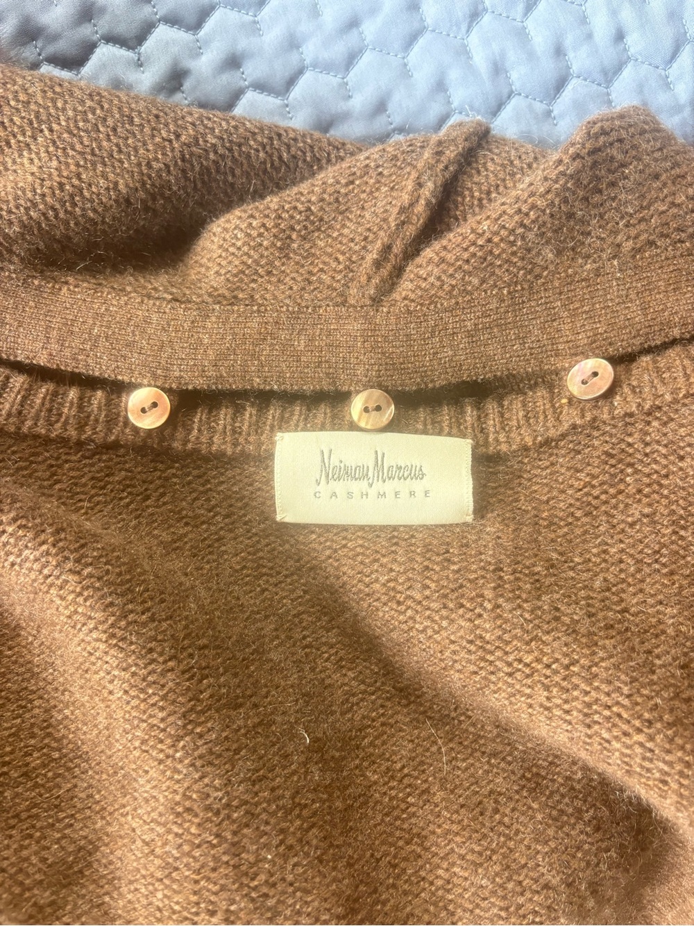 Neiman Marcus Brown Zip-Front Hooded Cardigan with Fur Pom Trim - Picture 6 of 9